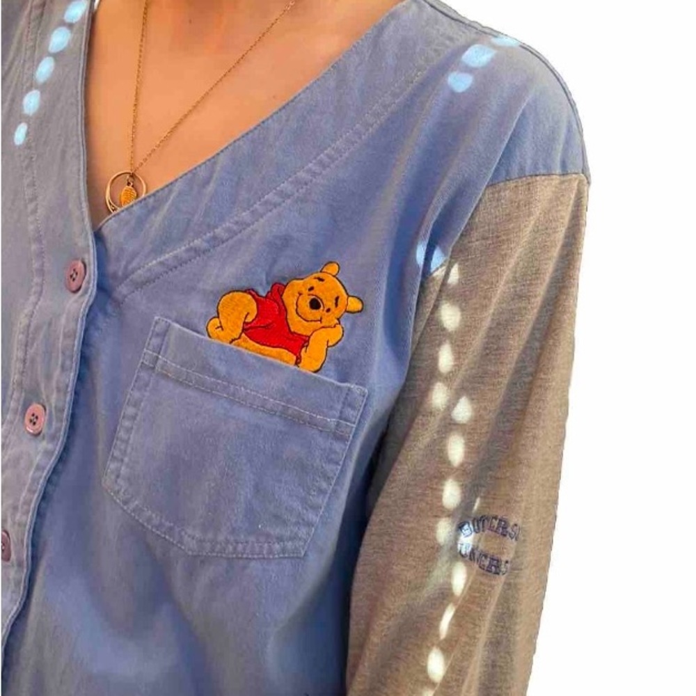 Lg. Pooh Bear in Pocket Blue Button Down with Grey Sleeves